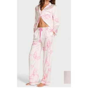 Victorias Secret Signature Satin Pajama Set White Pink Winged Heart Long Small